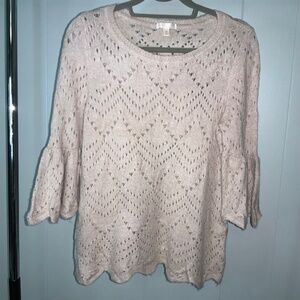 LC Lauren Conrad pink open knit bell sleeve sweater Sz M peplum scallop hem
